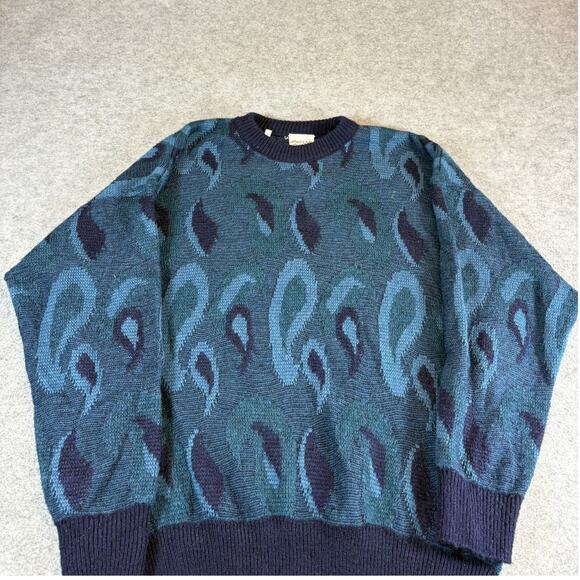 Vintage 90s Fiume Paisley Crewneck Sweater Mens Large Blue Knit Preppy Classic - Picture 2 of 6